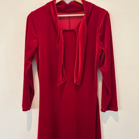 Maxi Dress Red Velvet Tie Mock Neck Long Sleeve Elegant Formal Fairy Holiday - Picture 9 of 12